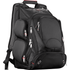 A black, checkpoint-friendly backpack with multiple zippered pockets and a mesh side pocket. Features a logo.