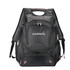 A black backpack with multiple compartments and mesh side pockets, featuring a branding logo on the front.