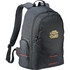 A black laptop backpack with multiple compartments, padded straps, and a logo on the front.