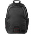 A black backpack with multiple compartments and pockets, featuring a logo on the front. Suitable for laptops.