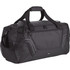 A black travel duffel bag with multiple compartments, handles, and a shoulder strap. Features a logo.