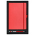 A red journal and red pen set presented in a black box with a soft interior.