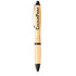 A bamboo pen with black accents and a silver clip, featuring a logo on the barrel.