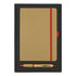 A gift set featuring a brown journal with red accents and a bamboo pen, presented in a black box.