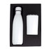A drink bottle and tumbler gift set in white, presented in a black gift box with foam insert.