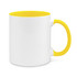 A coffee mug featuring a white exterior with a bright yellow interior and handle. It has a logo.