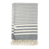 A striped throw blanket in grey and cream, featuring a fringed edge and a small logo.