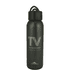 A drink bottle in black with a carrying loop and a logo. It has a sleek, modern design suitable for hydration.