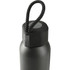 A drink bottle in matte black with a lid featuring a textured grip and a black rope handle. It has a logo.