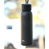 A drink bottle in matte black, featuring a black cap and a logo, suspended by a rope.