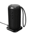 A black, cylindrical outdoor Bluetooth speaker with a textured surface and a handle, positioned on a charging dock.