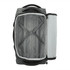 A wheeled duffel bag in grey with an unzipped interior, featuring straps and a side compartment.