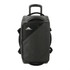 A wheeled duffel bag in black with a sleek design and a logo, featuring a retractable handle.