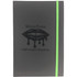 A black journal with a green elastic band, featuring a lip graphic and branding on the cover.