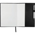 A refillable journal book with a black cover, featuring blank pages and a pen holder on the side.