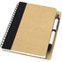 A brown notebook with a black spine and a matching ballpoint pen, featuring a logo on the cover.