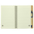 A spiral-bound notebook with blank lined pages and a blue ballpoint pen. The notebook features a recycling symbol.