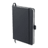A recycled A5 notebook in black with a strap closure and a bookmark ribbon, featuring a logo.