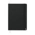 A black hardcover notebook made from stone paper, featuring an elastic band and a ribbon bookmark.