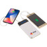 A white power bank with a display connects two smartphones for charging, featuring a logo.