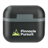 A black charging case for true wireless earbuds with a grey band and a logo featuring mountains.