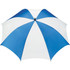 A blue and white golf umbrella with a large, spacious canopy and a central handle, featuring a logo.