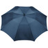 A navy blue golf umbrella with a smooth canopy and a central hub. It features a logo on the handle.
