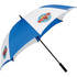A large, blue and white golf umbrella with a logo, featuring a curved handle for easy grip.