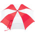 A vented folding umbrella featuring red and white panels and a small logo.
