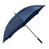 A navy blue vented golf umbrella with a black handle and a branding logo.