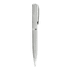 A silver metal ballpoint pen with a sleek design and clip, featuring a branding logo.