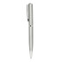 A silver metal ballpoint pen with a sleek design and a clip, featuring a branding logo.
