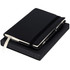 A black notebook with an elastic band and a pen, both presented in a black gift box.
