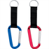A blue and a red carabiner attached to black straps, both featuring circular keyring attachments.