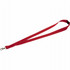 A red lanyard with a lobster clip, featuring a simple design and smooth fabric. It has a branding logo attached.