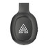 Black wireless headphones with a logo on the side. The design is sleek and modern, featuring a microphone.