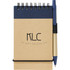 A recycled notepad with a blue cover, black spiral binding, and a pen attached, featuring a logo.