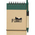 A tan recycled notepad with a green cover and a green pen attached, featuring a logo on the front.