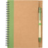 A brown spiral notebook with a green accent and a matching green pen attached. It features a logo on the cover.