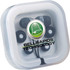 Colour Pop Earbuds in a clear case, featuring multiple ear tips and a branding logo. The earbuds are black.