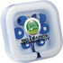 Colour Pop earbuds in blue, packaged in a clear case with a logo visible on the front.