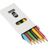 A coloured pencil set featuring six vibrant pencils: blue, green, yellow, red, black, and brown, in a white packaging with a logo.