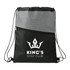 A grey and black drawstring bag with a zippered pocket, featuring a logo.