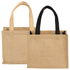 A jute tote bag featuring a natural tan colour with black handles and a simple design. It has a logo on one side.