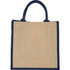 A medium jute gift tote in natural burlap with navy blue handles. Includes a logo on the front.