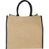 A large jute tote in natural beige with black trim and handles, featuring a simple design and an attached logo.