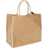 A large jute tote bag in natural beige with white handles, featuring a simple design and branding.