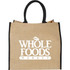 A large jute tote bag in natural colour with black handles and a logo on the front.