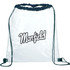 A clear drawstring sportspack in transparent plastic with black accents and a logo in the centre.