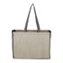 A recycled cotton tote bag in beige with grey contrast sides and long handles. Features an exterior pocket.